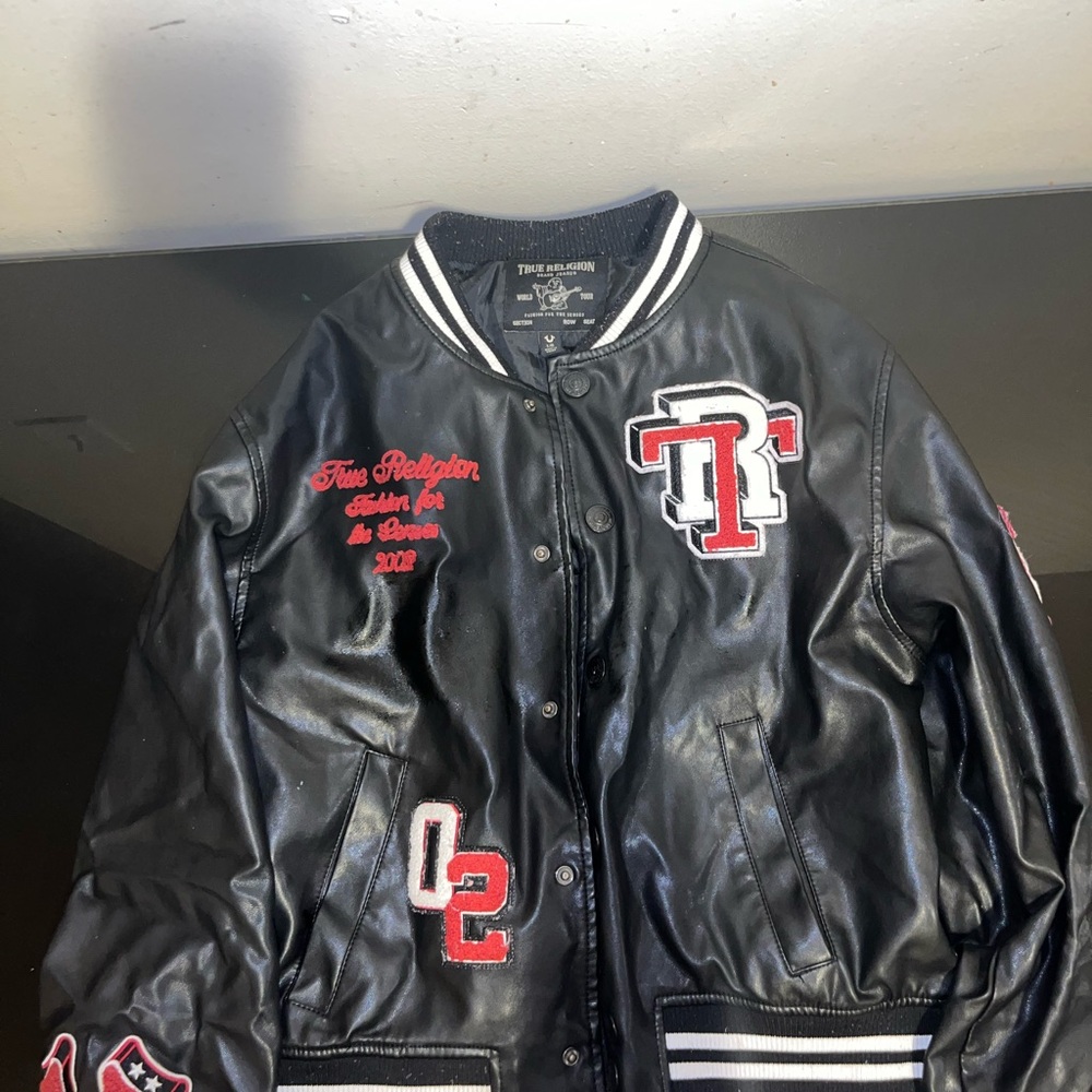 True Religion Black Leather Jacket with Red and White Details